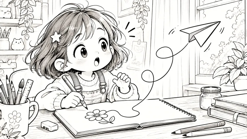 รูปการ์ตูนลายเส้นขาวดำเด็กผู้หญิงกำลังวาดรูปบนสมุด