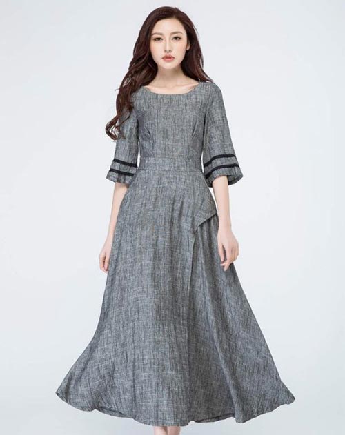 ชุดเดรสกระโปรงยาวสีเทา