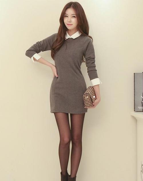 ชุดเดรสแขนยาวสีเทา