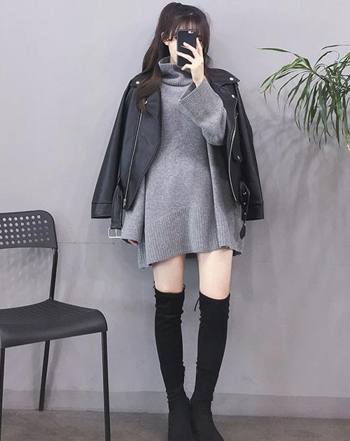 ชุดเดรสกระโปรงสั้นสีเทา