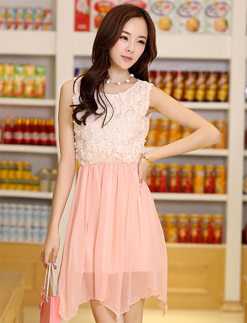 ชุดเดรสเรียบร้อยสีโอรส