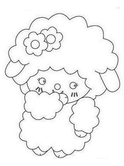 รูประบายสีแกะการ์ตูนขนฟูมีดอกไม้บนหัว