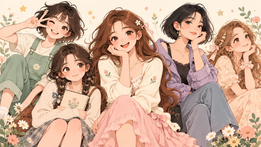 รูปการ์ตูนผู้หญิงน่ารัก 5 คน สไตล์อนิเมะโทนสีพาสเทล แต่งตัวสดใส มีทั้งสาวผมยาว ผมสั้น และผมเปีย โพสท่าท่ามกลางดอกไม้บนพื้นหลังสีครีม