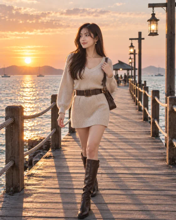 Woman enjoying a golden hour sunset walk along a wooden seaside pier