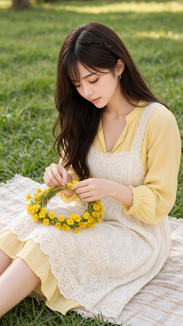 Miu making a yellow flower crown while relaxing on a picnic blanket in a sunny green park