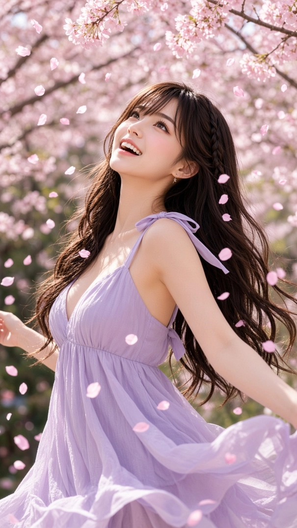 Miu laughing beneath pink spring blossoms as flower petals dance around her lavender dress on a bright sunny day