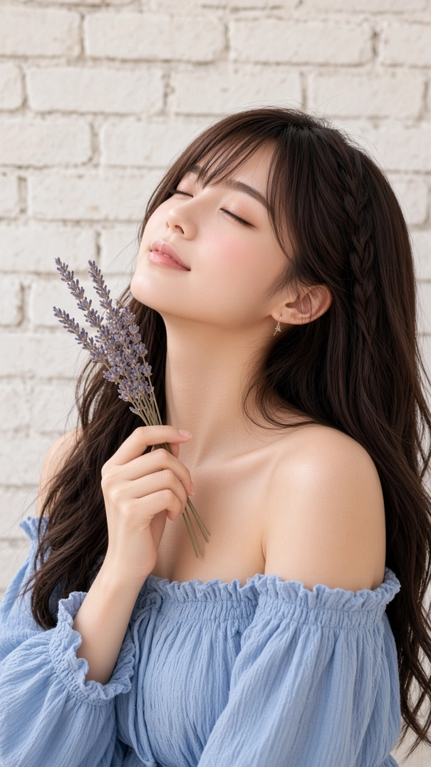 Miu enjoying the gentle scent of lavender flowers while wearing a soft blue off-shoulder dress in a peaceful indoor setting