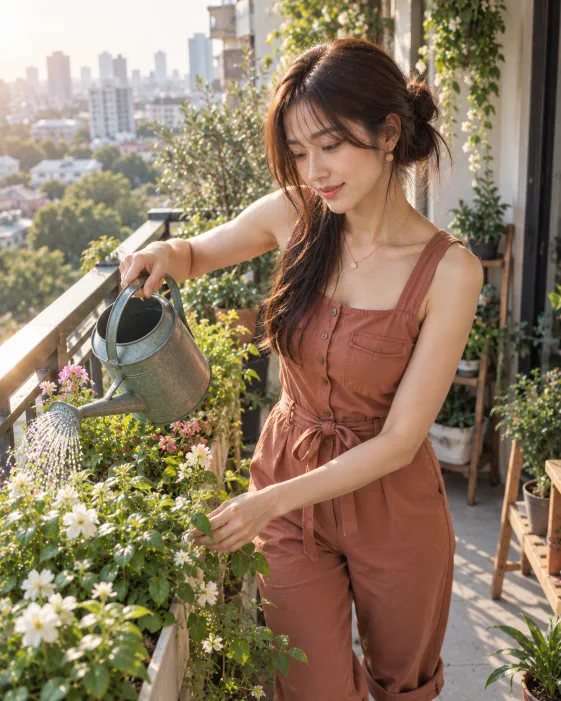 Woman watering colorful flowers in a sunny balcony garden overlooking the city