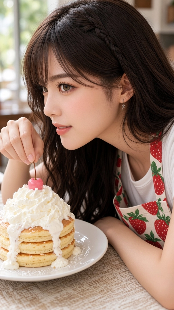 Miu adding a cherry to a tall stack of fluffy pancakes topped with whipped cream during a playful homemade breakfast