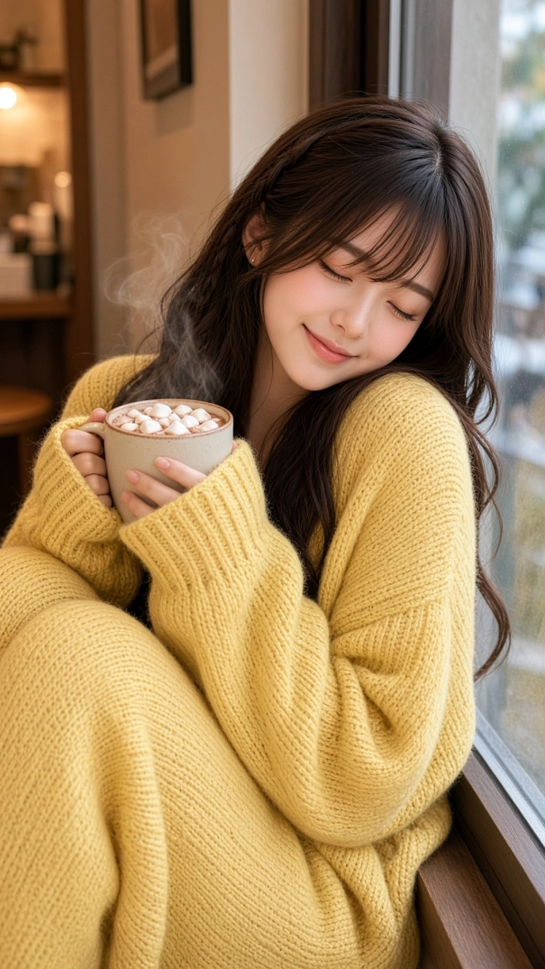 Miu relaxing by a window in an oversized yellow sweater while holding a warm mug of hot cocoa topped with marshmallows