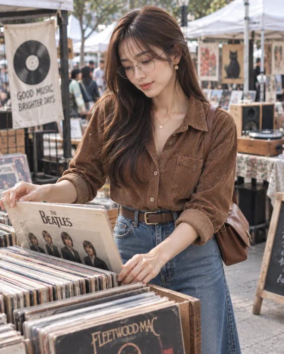 Woman browsing vintage vinyl records at a lively outdoor music market