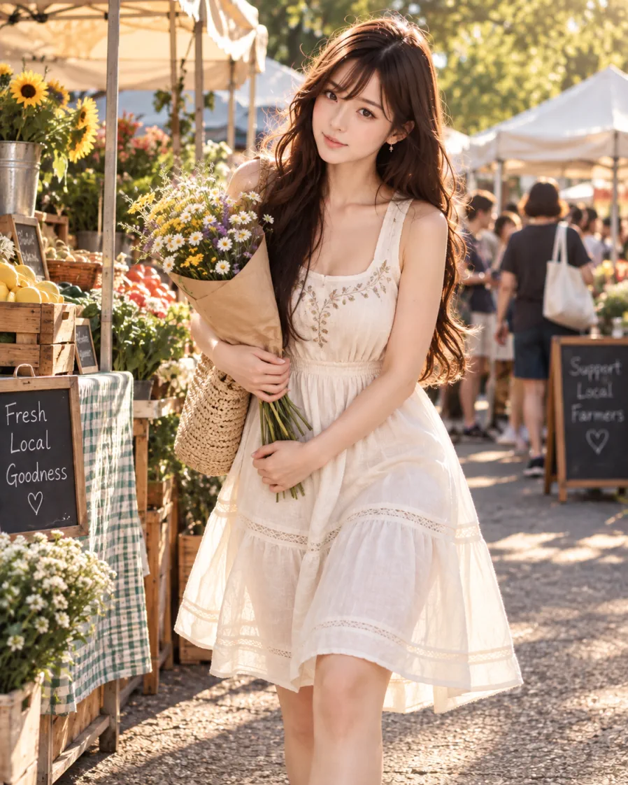 Miu holding a colorful bouquet of fresh flowers while exploring a sunny local farmers market in a white summer dress