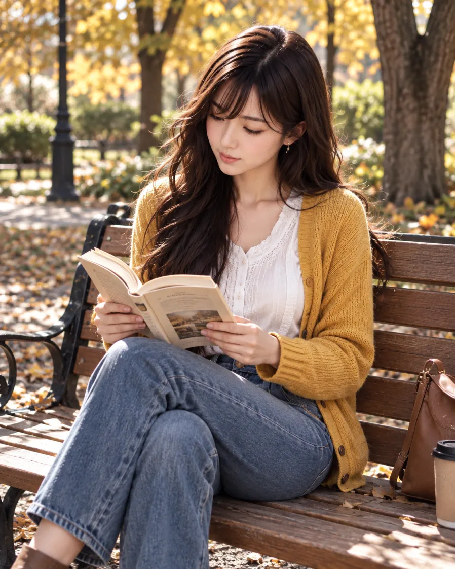 Miu reading a book on a wooden park bench during a peaceful golden autumn afternoon