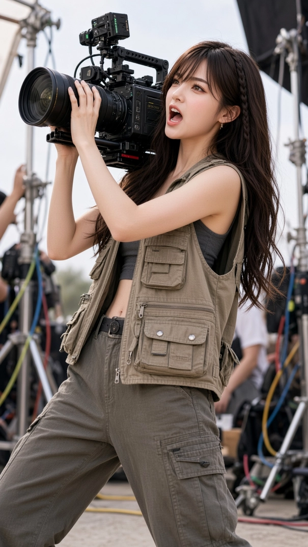 Miu holding a professional cinema camera during a fun behind-the-scenes filming day on set
