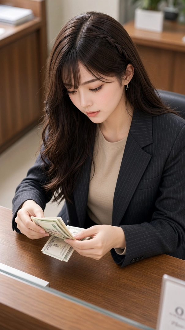 Miu counting cash during a casual personal money check-in while planning her savings and everyday spending