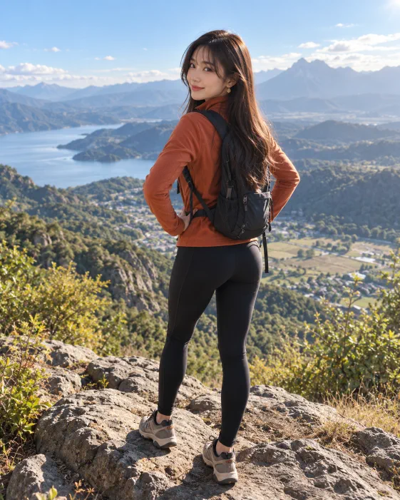 Mumeaw enjoying a mountain hike with a scenic lake and valley view