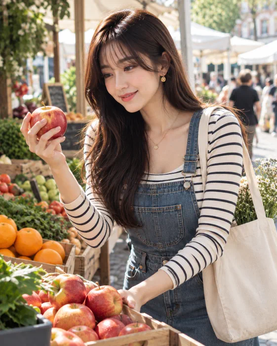 Mumeaw choosing fresh red apples at a sunny outdoor farmers market