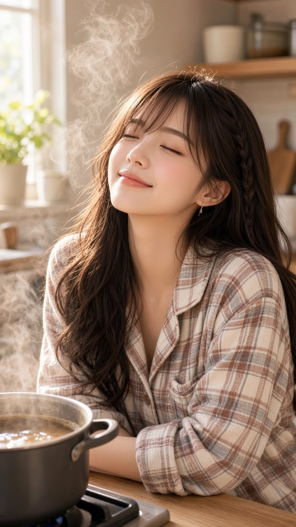 Miu enjoying the aroma of homemade soup simmering in a warm sunlit kitchen during a cozy cooking day