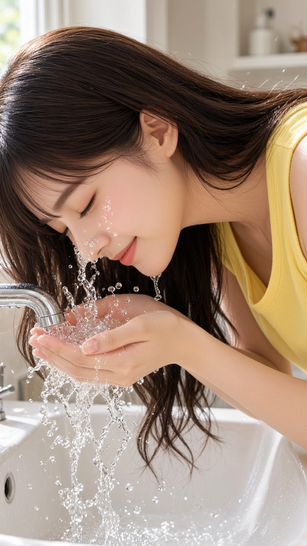 Miu refreshing her face with cool water at the sink as part of a simple and cheerful morning routine