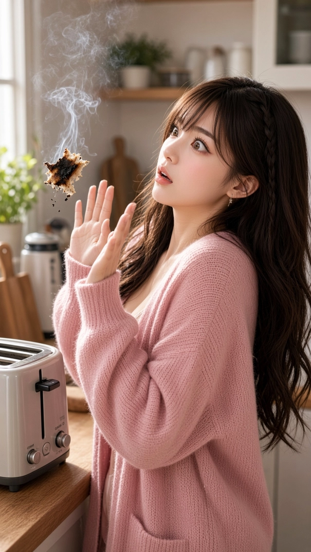 Miu reacting playfully to burned toast beside a toaster during a funny and cozy morning in the kitchen