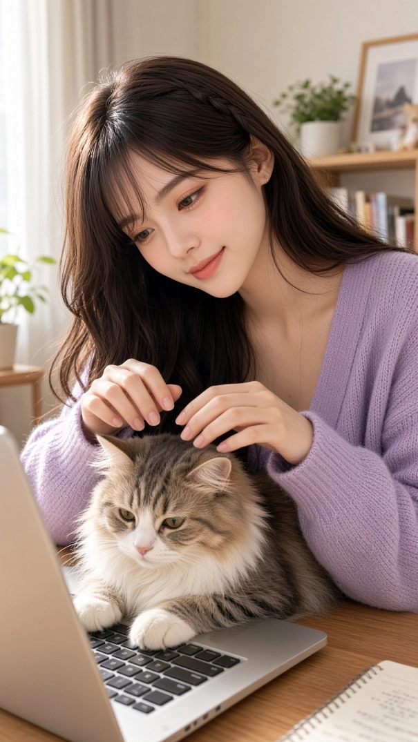 Miu gently petting a fluffy gray and white cat resting across her laptop keyboard during a cozy work-from-home afternoon