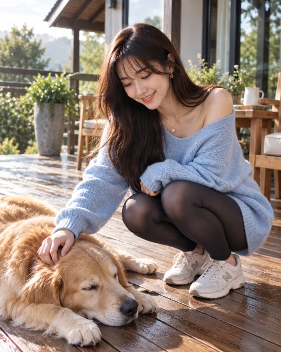 Mumeaw spending a peaceful morning with a Golden Retriever on a sunny wooden terrace in Thailand