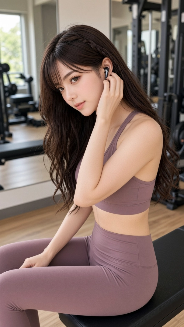 Miu putting on wireless earbuds before a cheerful workout session at a bright modern gym