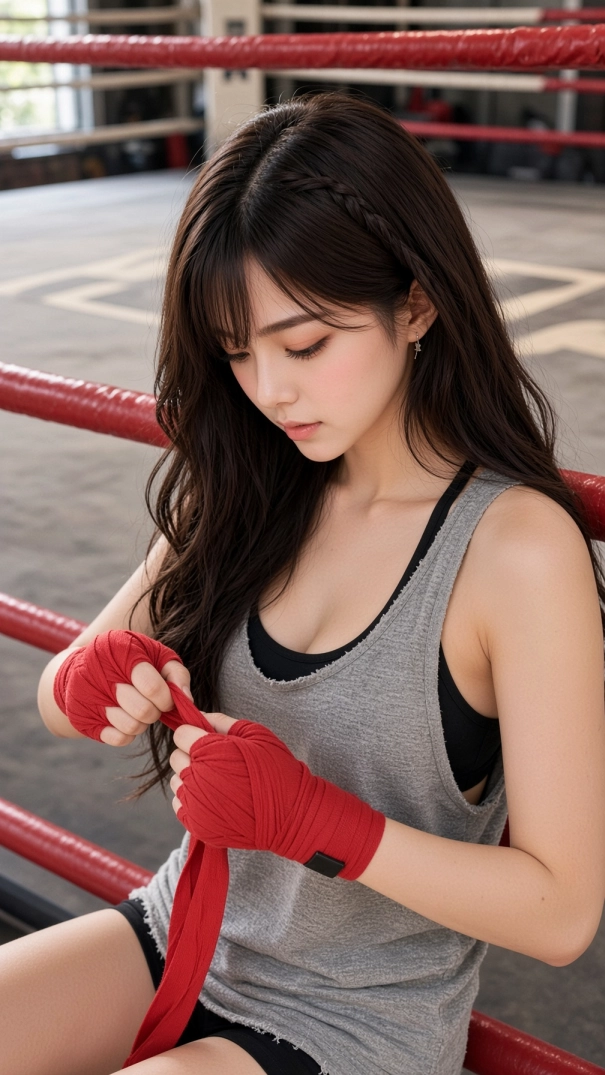 Miu carefully wrapping her hands with red boxing wraps while sitting beside a boxing ring before a training session