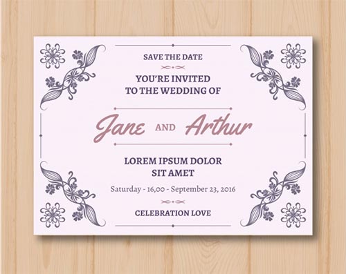การ์ดเชิญงานแต่งงาน "Save the Date" ของ Jane และ Arthur ในรูปแบบแนวนอน ตกแต่งด้วยลายเส้นดอกไม้สีม่วงเข้มที่มุมทั้งสี่บนพื้นหลังสีม่วงอ่อน