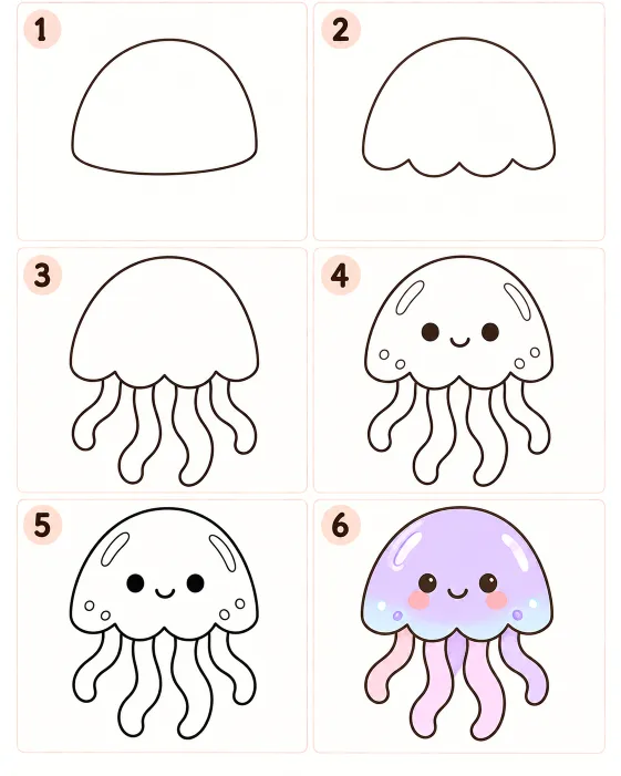 วิธีวาดแมงกะพรุนการ์ตูนน่ารักแบบง่ายๆ ทีละขั้นตอน 6 ขั้นตอน จากรูปทรงโดมและหนวดจนถึงภาพลงสี