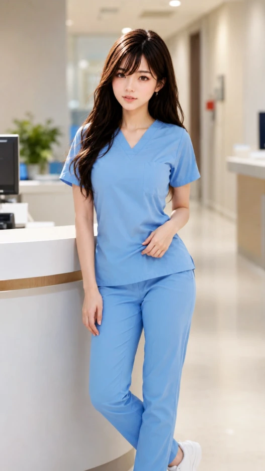 Miu wearing blue scrubs in a bright professional healthcare setting while reflecting on kindness, teamwork, and caring for others