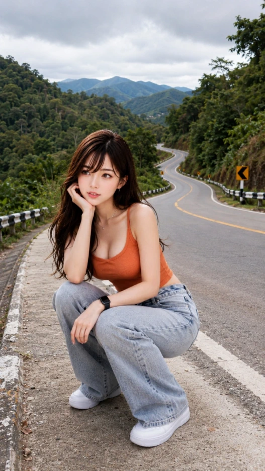 Miu taking a break beside a winding mountain road surrounded by lush green hills during a scenic nature road trip