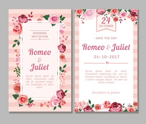 ชุดการ์ดเชิญงานแต่งงานและ Save the Day โทนสีชมพูลายทางของคู่ Romeo & Juliet ตกแต่งด้วยกรอบดอกกุหลาบหลากสีสัน