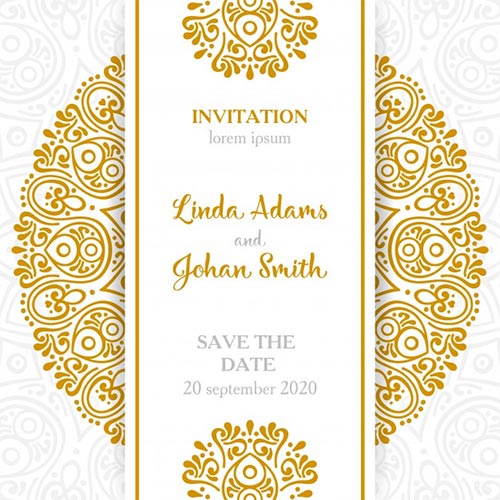 การ์ดเชิญงานแต่งงานของ Linda Adams และ Johan Smith ตกแต่งด้วยลวดลายประดับสีทองแบบทรงกลม (Mandala) ที่ซับซ้อนและหรูหราบนพื้นหลังสีขาวสะอาดตา