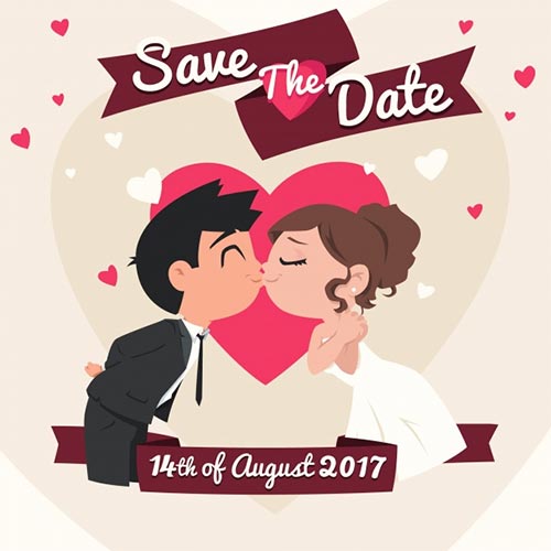 การ์ดเชิญ "Save the Date" ลายการ์ตูนคู่รักจูบกันหน้าหัวใจสีชมพูดวงใหญ่ ระบุวันที่ 14 สิงหาคม 2017 พร้อมตกแต่งด้วยริบบิ้นสีแดงเข้มและหัวใจดวงน้อยๆ กระจายอยู่รอบภาพ