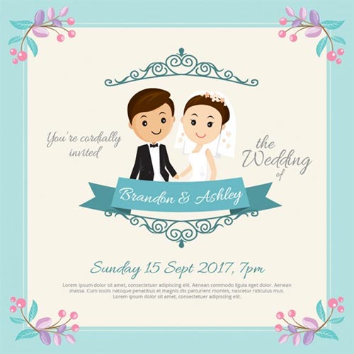 การ์ดเชิญงานแต่งงานของ Brandon และ Ashley ตกแต่งด้วยตัวการ์ตูนเจ้าบ่าวเจ้าสาวน่ารักๆ ตรงกลางบนพื้นหลังสีครีม ล้อมรอบด้วยกรอบสีฟ้าและพุ่มผลเบอร์รี่ตามมุมทั้งสี่