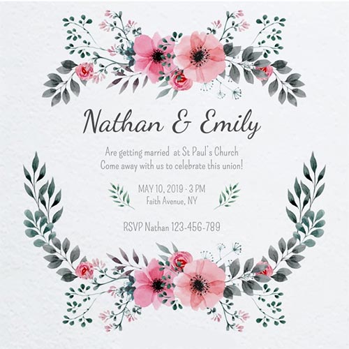 การ์ดเชิญงานแต่งงาน Nathan & Emily ตกแต่งด้วยพวงดอกไม้สีชมพูอ่อนและใบไม้สีเขียวหม่นจัดวางเป็นกรอบวงกลมบนพื้นหลังสีขาวสะอาดตา