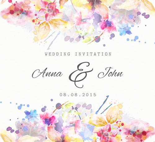 การ์ดเชิญงานแต่งงานของ Anna และ John ตกแต่งด้วยภาพวาดสีน้ำรูปดอกไม้สีชมพู ม่วง เหลือง และฟ้า พร้อมรอยแต้มสีน้ำกระจายอยู่ด้านบนและด้านล่างบนพื้นหลังสีขาว