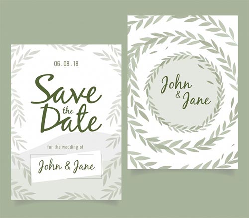 การ์ด Save the Date สองสไตล์ในโทนสีเขียวใบไม้และสีขาว ระบุชื่อคู่รัก John & Jane พร้อมวันที่ 06.08.18 ตกแต่งด้วยลวดลายกิ่งหลิววนเป็นวงกลมดูมินิมอล