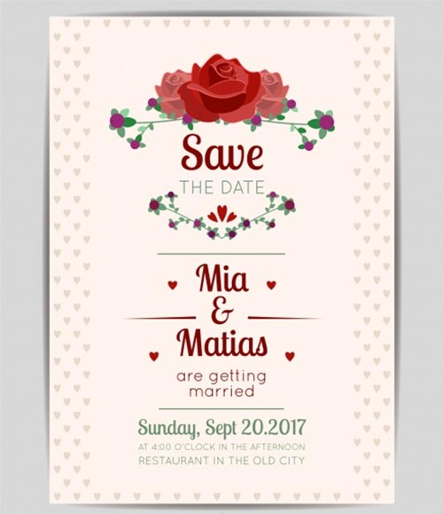 การ์ดเชิญงานแต่งงาน "Save the Date" ของ Mia และ Matias ตกแต่งด้วยรูปดอกกุหลาบสีแดงขนาดใหญ่และหัวใจดวงเล็กๆ บนพื้นหลังสีครีมที่มีลายหัวใจจางๆ ด้านข้าง