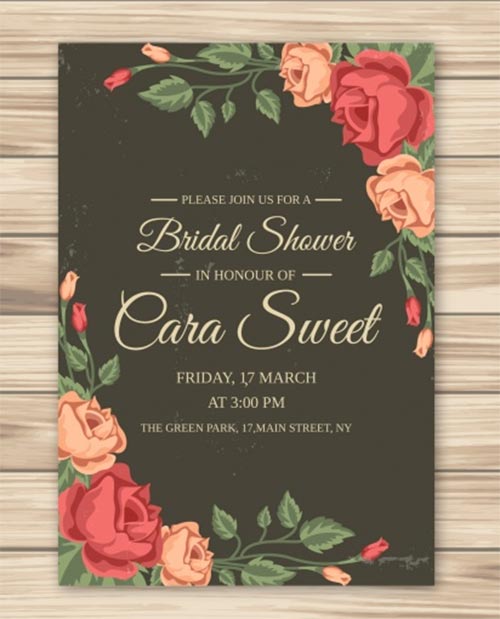การ์ดเชิญงาน Bridal Shower ของ Cara Sweet ดีไซน์วินเทจบนพื้นหลังสีดำเข้ม ตกแต่งด้วยพุ่มดอกกุหลาบสีแดงและสีพีชตามมุมภาพ วางอยู่บนพื้นลายไม้