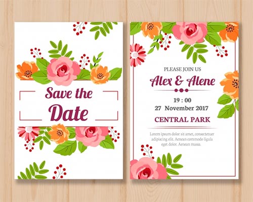 การ์ดเชิญงานแต่งงานดีไซน์ดอกไม้สีหวานระบุข้อความ Save the Date และชื่อคู่บ่าวสาว Alex & Alene ตกแต่งด้วยดอกกุหลาบสีชมพูและดอกไม้สีส้มบนพื้นหลังสีขาว