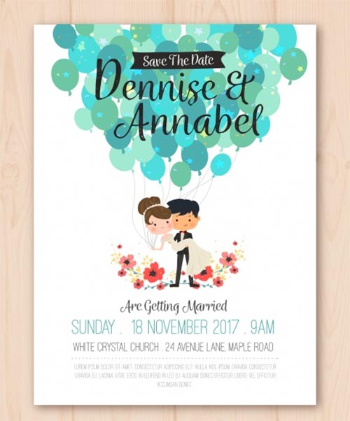 การ์ดเชิญ "Save the Date" ของ Dennise & Annabel เป็นรูปการ์ตูนเจ้าบ่าวอุ้มเจ้าสาวลอยขึ้นฟ้าด้วยพวงลูกโป่งสีฟ้าและสีเทอร์ควอยซ์จำนวนมาก ตกแต่งด้วยพุ่มดอกไม้สีแดงด้านล่างบนพื้นหลังสีขาว