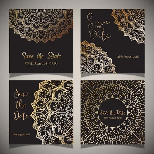 ชุดการ์ด Save the Date 4 สไตล์ในโทนสีดำ-ทอง ตกแต่งด้วยลวดลายแมนดาลาสีทองหรูหราอลังการ ระบุวันที่ 26 สิงหาคม 2018