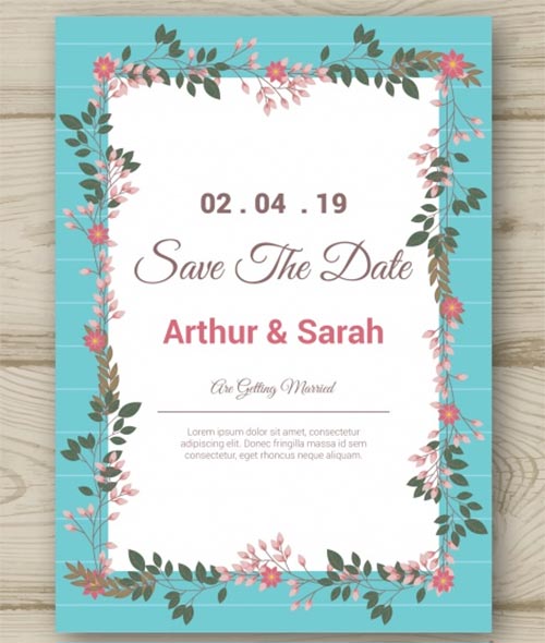 การ์ด Save the Date สีฟ้าเทอร์ควอยซ์สดใส ตกแต่งด้วยกรอบพุ่มไม้และดอกไม้สีชมพูรอบข้อความ ระบุชื่อ Arthur & Sarah วันที่ 02.04.19