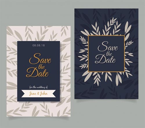การ์ด Save the Date สองสไตล์ในโทนสีน้ำเงินเข้มและสีชมพูหม่น ตกแต่งด้วยลวดลายใบไม้สไตล์มินิมอล ระบุชื่อคู่บ่าวสาว Jane & John และวันที่ 08.08.18