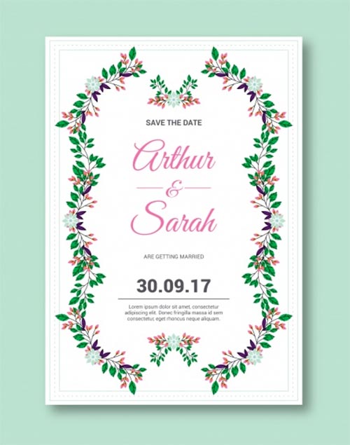 การ์ด Save the Date สีขาวสะอาดตา ล้อมรอบด้วยกรอบพุ่มไม้และดอกไม้สีชมพูและเขียวแบบสมมาตร ระบุชื่อ Arthur & Sarah และวันที่ 30.09.17