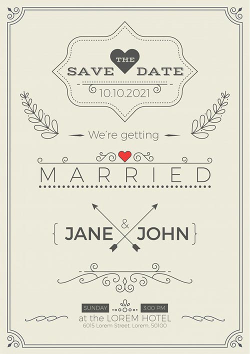 การ์ดแต่งงานสไตล์วินเทจสีครีมของ Jane และ John ระบุวันที่ 10 ตุลาคม 2021 ตกแต่งด้วยลายเส้นรูปหัวใจ ลูกศร และกิ่งหลิว พร้อมรายละเอียดสถานที่ที่ Lorem Hotel