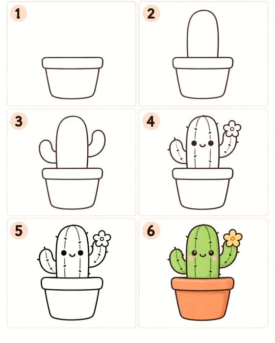 วิธีวาดกระบองเพชรน่ารักในกระถางแบบง่ายๆ ทีละขั้นตอน 6 ขั้นตอน ตั้งแต่โครงร่างจนถึงลงสี