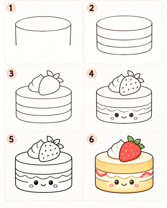 วิธีวาดเค้กสตรอว์เบอร์รีการ์ตูนน่ารักแบบง่ายๆ ทีละขั้นตอน 6 ขั้นตอน